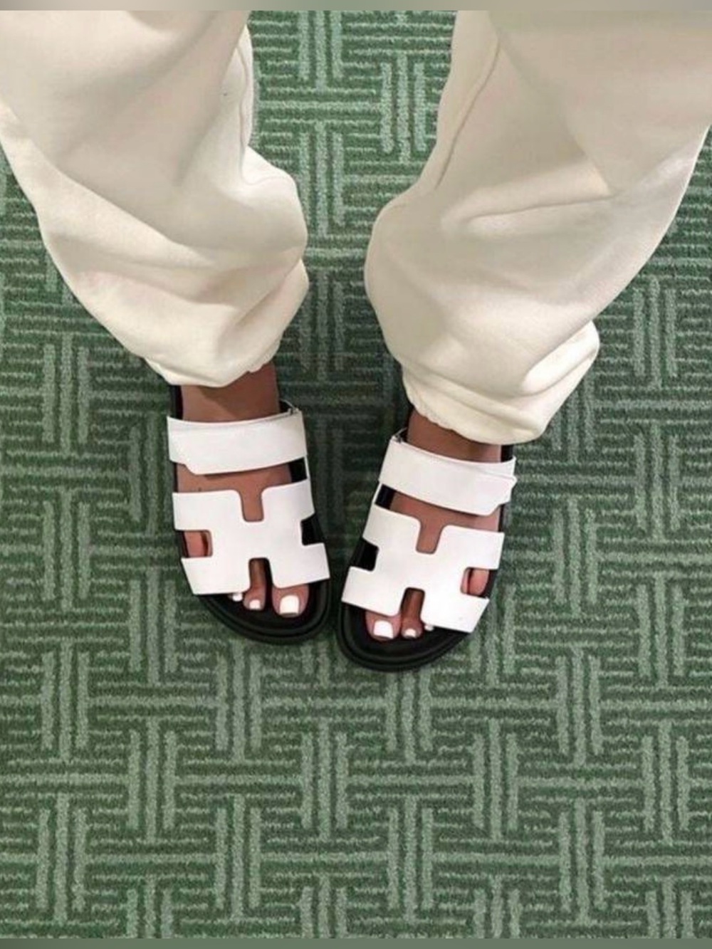 H block flat summer White  Double-Strap Slide
Sandals